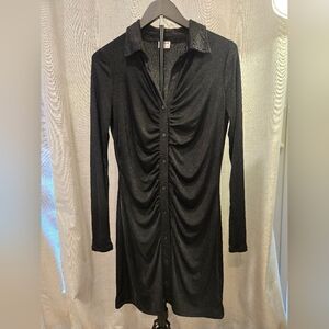 Cotton On Black Collared Button-Front Dress with Ruched Detail